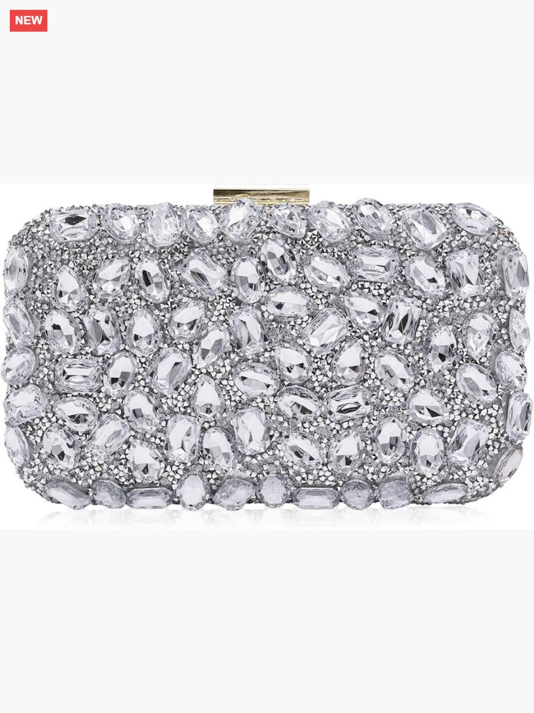 Crystal Studded Evening Clutch With Removable Gold Chain Strap